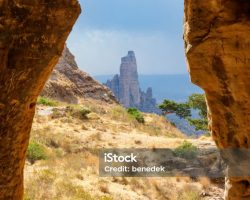 Cave entrance in the Gheralta Mountains, Hawzen, Tigray region, Ethiopia. The Gheralta cluster includes more than 30 rock-hewn churches dating from the middle ages.